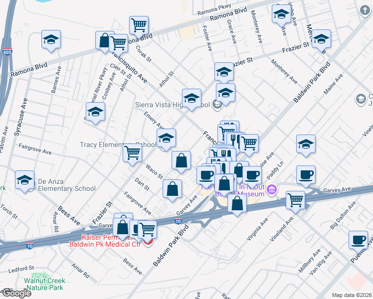 map of restaurants, bars, coffee shops, grocery stores, and more near 3425 Robinette Avenue in Baldwin Park