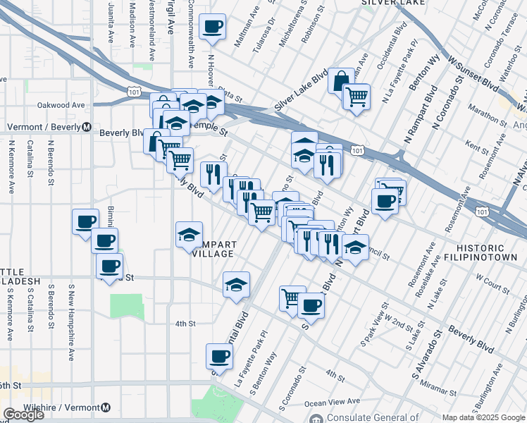map of restaurants, bars, coffee shops, grocery stores, and more near 209 South Reno Street in Los Angeles