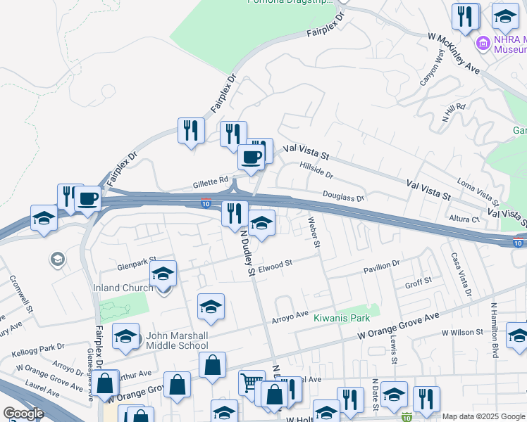 map of restaurants, bars, coffee shops, grocery stores, and more near 1577 Stratus Drive in Pomona