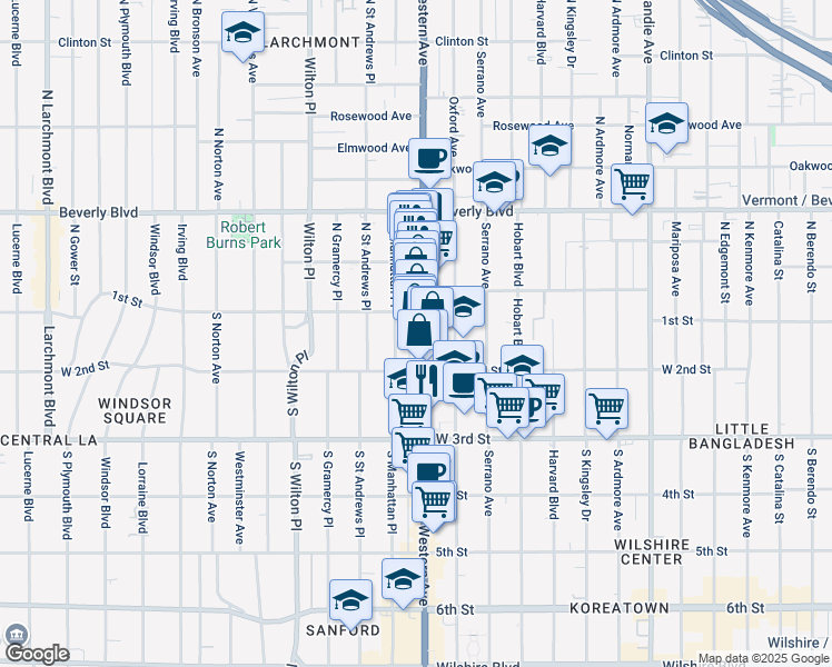 map of restaurants, bars, coffee shops, grocery stores, and more near 117 South Western Avenue in Los Angeles