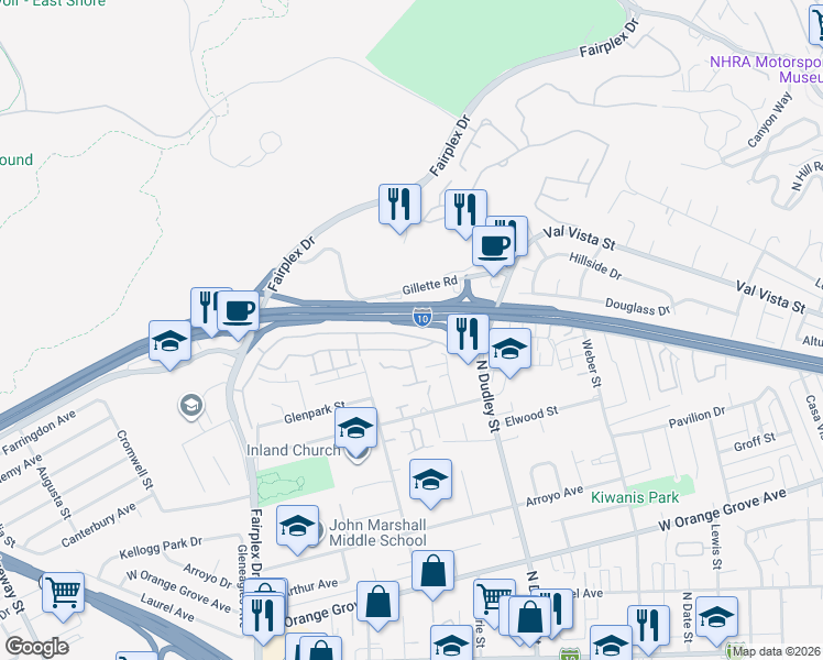 map of restaurants, bars, coffee shops, grocery stores, and more near 1619 Club Dr in Pomona