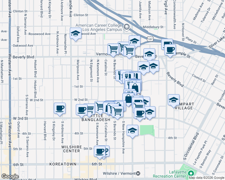 map of restaurants, bars, coffee shops, grocery stores, and more near 109 South Berendo Street in Los Angeles