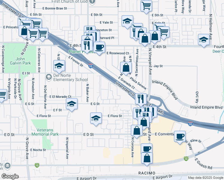 map of restaurants, bars, coffee shops, grocery stores, and more near 1733 East G Street in Ontario