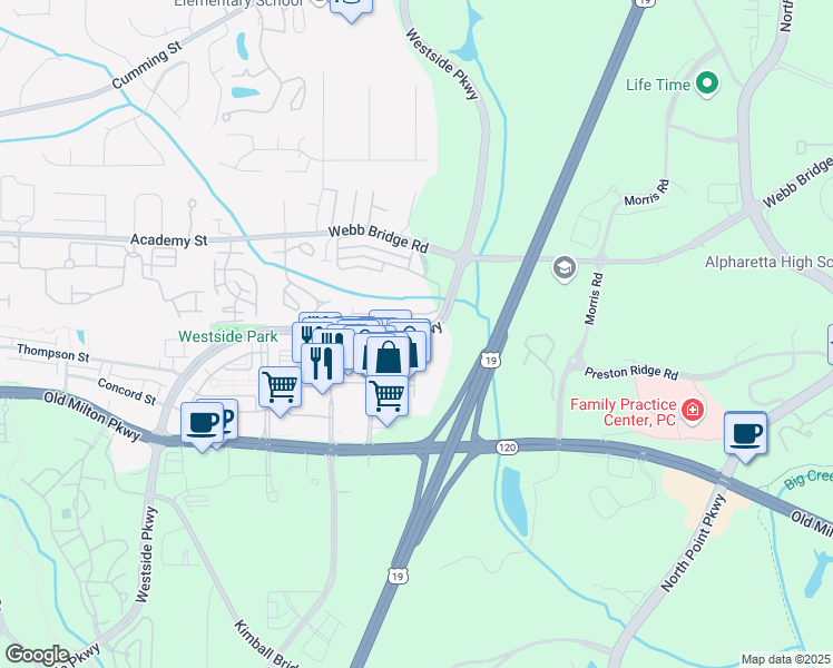 map of restaurants, bars, coffee shops, grocery stores, and more near 1001 Westside Parkway in Alpharetta