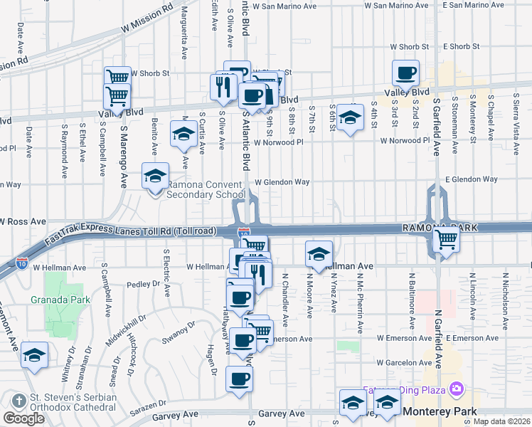 map of restaurants, bars, coffee shops, grocery stores, and more near 1847 South 9th Street in Alhambra