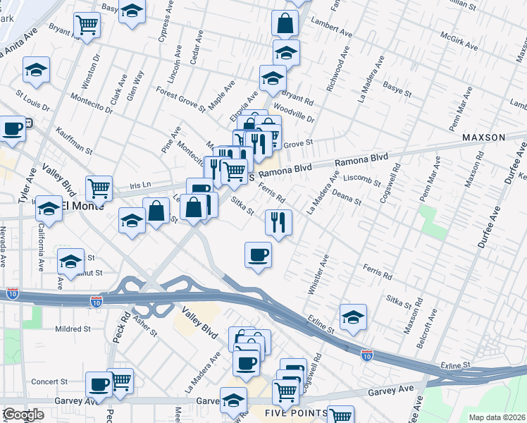 map of restaurants, bars, coffee shops, grocery stores, and more near 11663 Sitka Street in El Monte