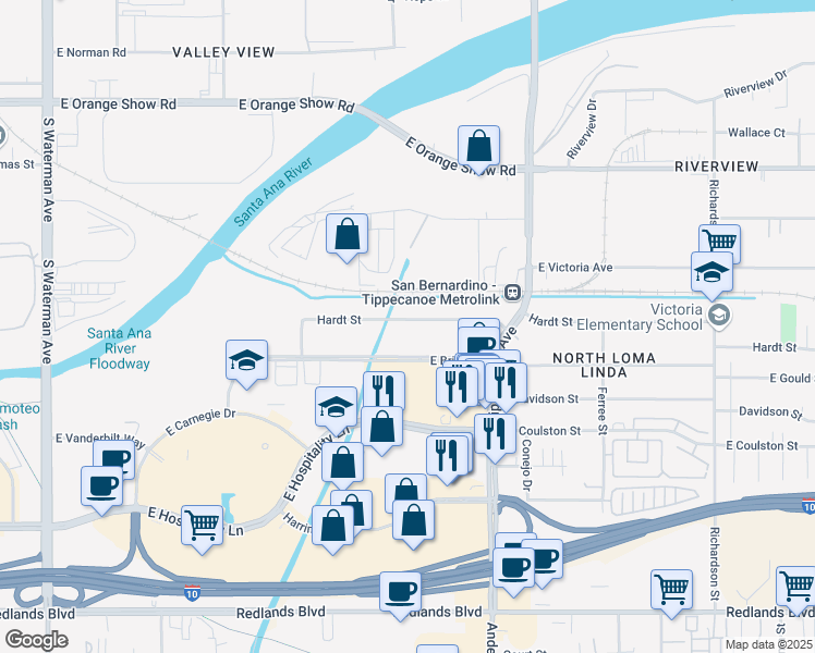 map of restaurants, bars, coffee shops, grocery stores, and more near 995 Hardt Street in San Bernardino