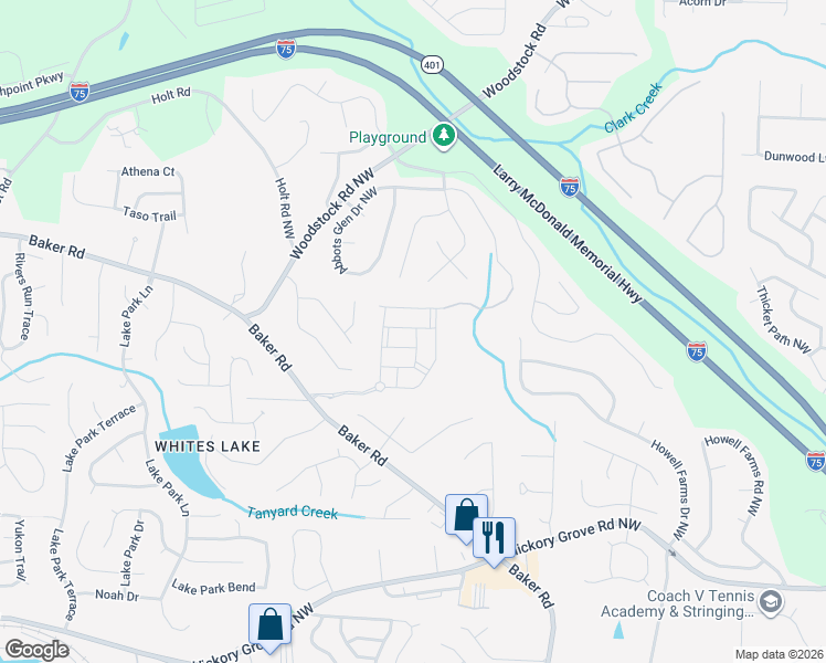 map of restaurants, bars, coffee shops, grocery stores, and more near 2820 Baker Drive in Acworth