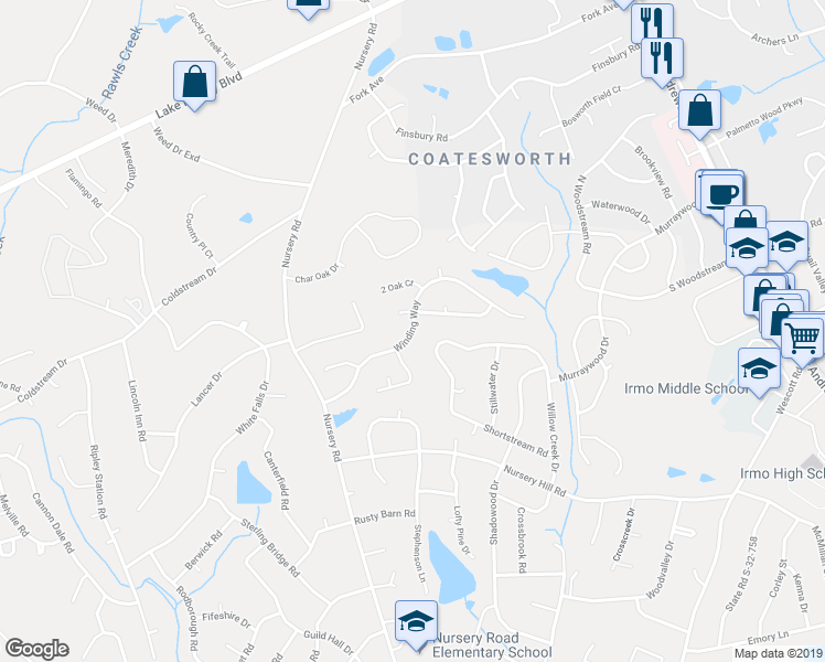 map of restaurants, bars, coffee shops, grocery stores, and more near 309 Winding Way in Columbia