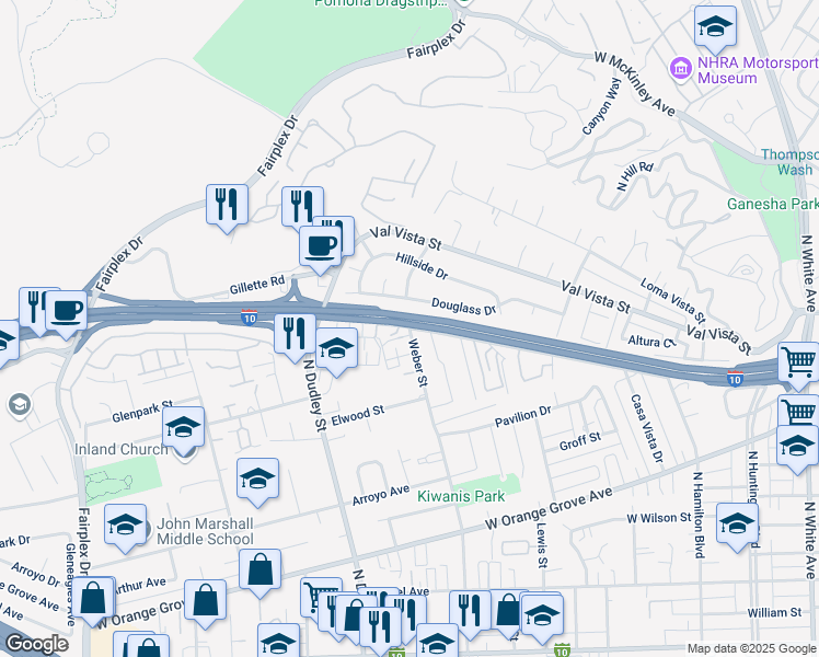 map of restaurants, bars, coffee shops, grocery stores, and more near Murchison Ave & Weber St in Pomona