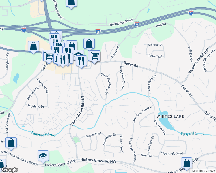 map of restaurants, bars, coffee shops, grocery stores, and more near 4817 Baker Plantation Drive in Acworth