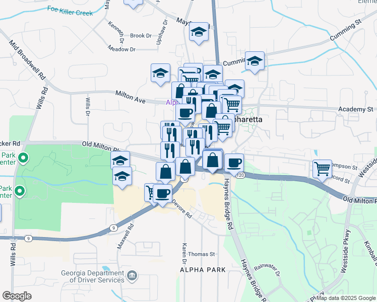 map of restaurants, bars, coffee shops, grocery stores, and more near 72 Marietta Street in Alpharetta