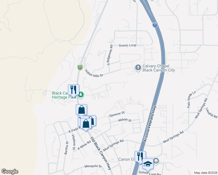 map of restaurants, bars, coffee shops, grocery stores, and more near 19190 Palm Lane Drive in Black Canyon City