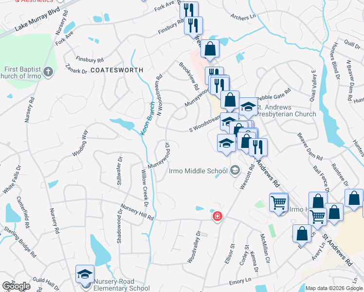 map of restaurants, bars, coffee shops, grocery stores, and more near 121 Frostwood Court in Columbia