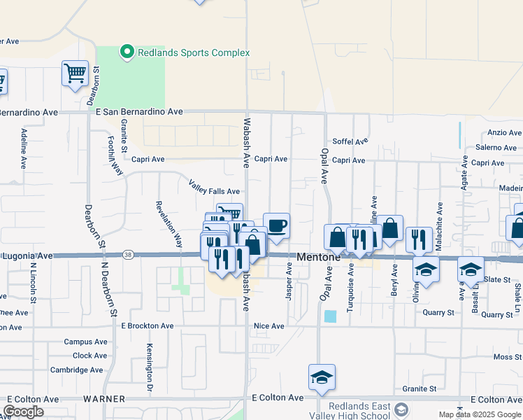 map of restaurants, bars, coffee shops, grocery stores, and more near 1337 Chrysolite Avenue in Mentone