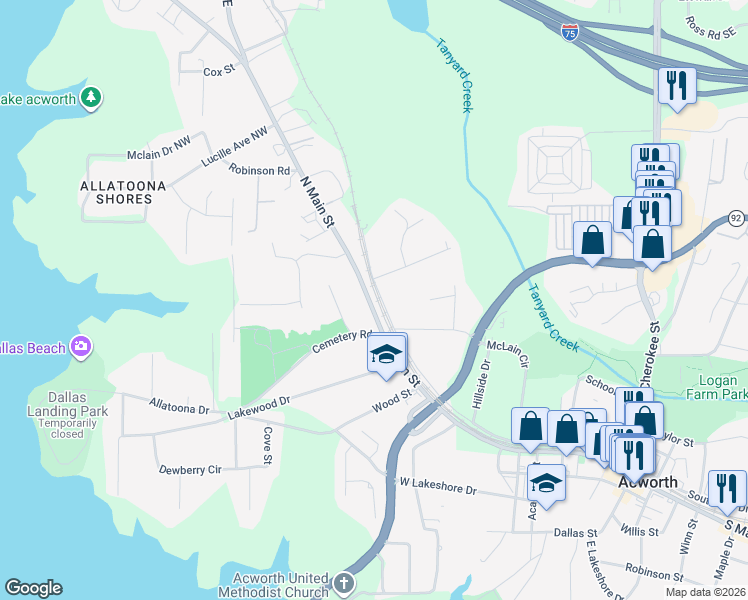 map of restaurants, bars, coffee shops, grocery stores, and more near 5264 North Main Street in Acworth