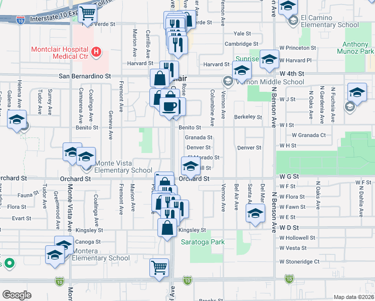 map of restaurants, bars, coffee shops, grocery stores, and more near 5359 Denver Street in Montclair