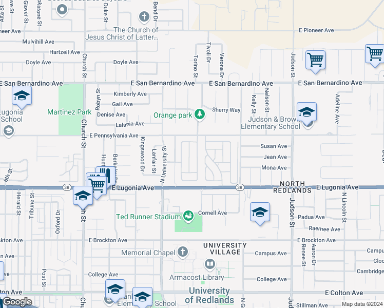map of restaurants, bars, coffee shops, grocery stores, and more near 1418 Century Street in Redlands