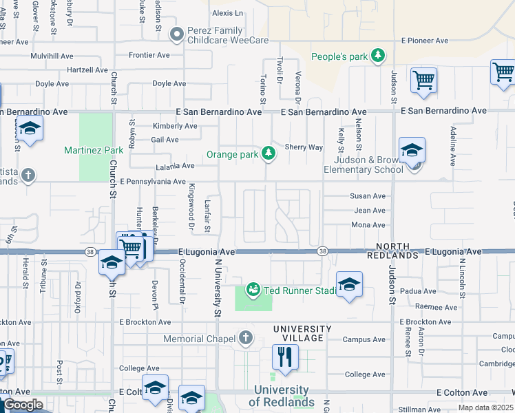 map of restaurants, bars, coffee shops, grocery stores, and more near 1418 Century Street in Redlands
