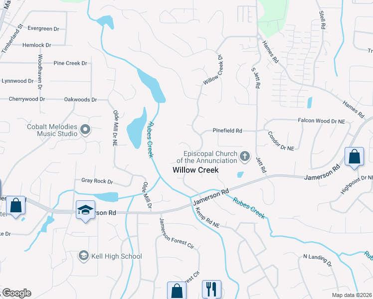 map of restaurants, bars, coffee shops, grocery stores, and more near 4911 Willow Cove Way in Marietta