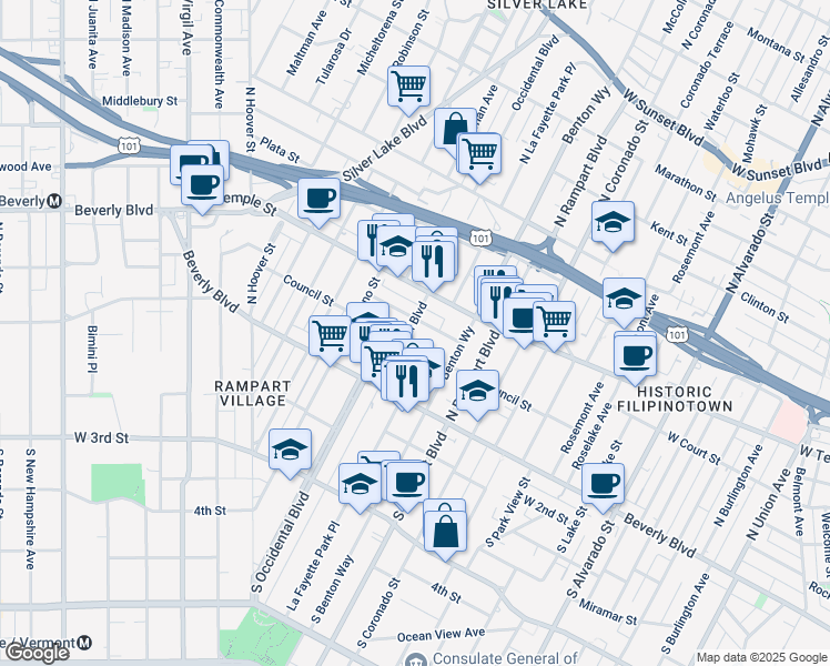 map of restaurants, bars, coffee shops, grocery stores, and more near 2748 Hyans Street in Los Angeles