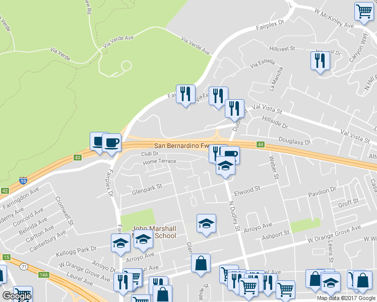 map of restaurants, bars, coffee shops, grocery stores, and more near 1627 Club Drive in Pomona