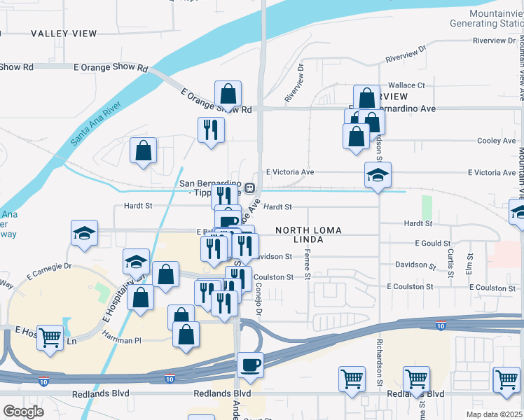 map of restaurants, bars, coffee shops, grocery stores, and more near 1203 Hardt Street in San Bernardino