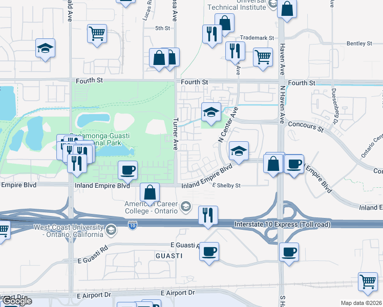 map of restaurants, bars, coffee shops, grocery stores, and more near 758 North Corvette Drive in Ontario