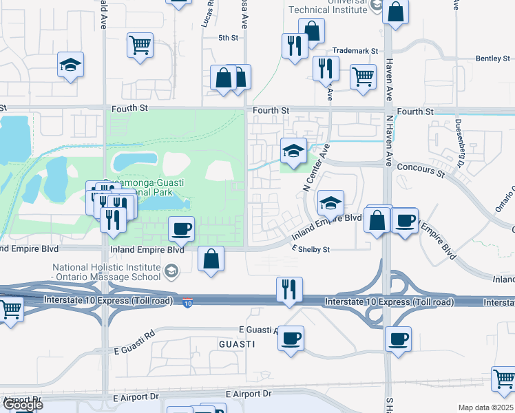 map of restaurants, bars, coffee shops, grocery stores, and more near 758 North Corvette Drive in Ontario