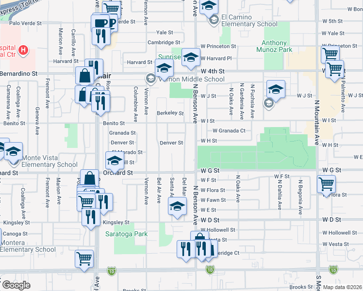 map of restaurants, bars, coffee shops, grocery stores, and more near 5629 Denver Street in Montclair