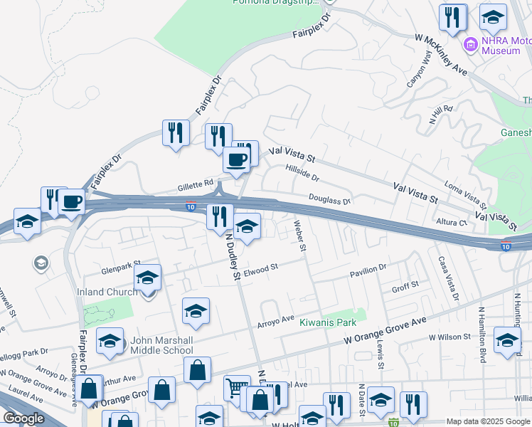 map of restaurants, bars, coffee shops, grocery stores, and more near 1388 Murchison Avenue in Pomona