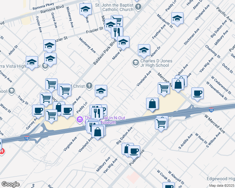 map of restaurants, bars, coffee shops, grocery stores, and more near 14027 Rockway Drive in Baldwin Park