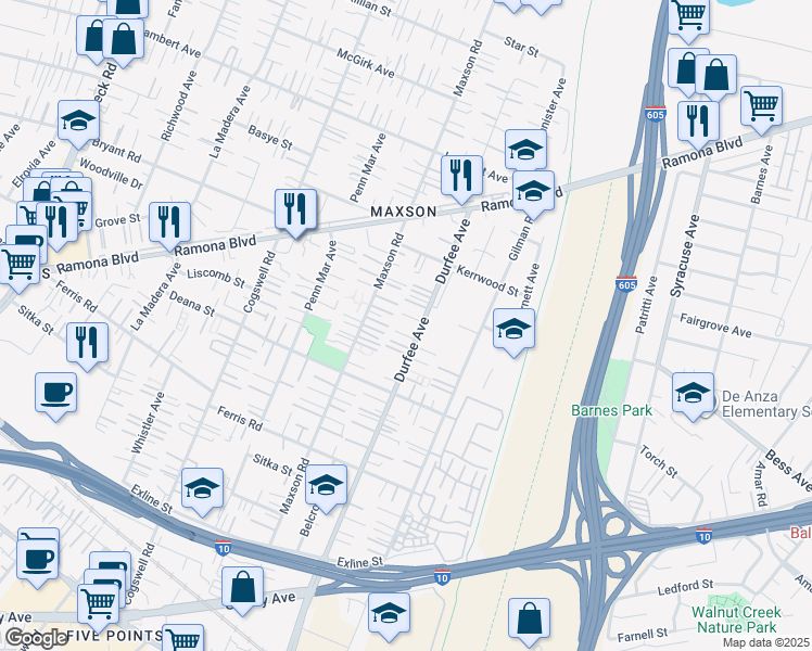 map of restaurants, bars, coffee shops, grocery stores, and more near 3921 Durfee Avenue in El Monte