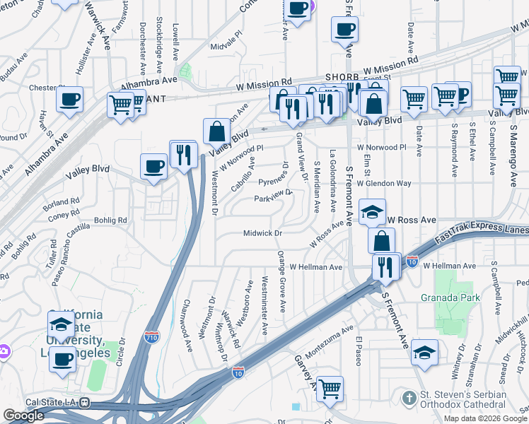 map of restaurants, bars, coffee shops, grocery stores, and more near 2905 Glenaven Avenue in Alhambra