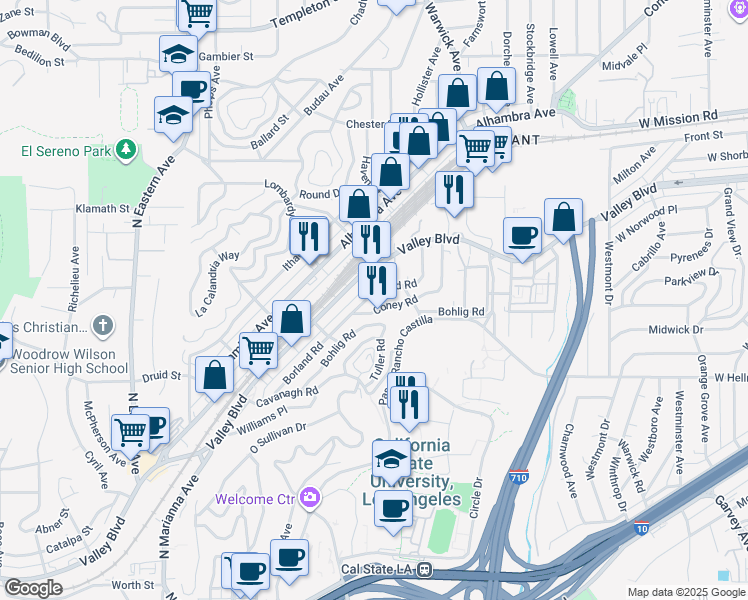 map of restaurants, bars, coffee shops, grocery stores, and more near 5232 Borland Road in Los Angeles