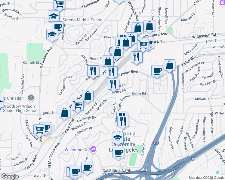 map of restaurants, bars, coffee shops, grocery stores, and more near 5232 Borland Road in Los Angeles