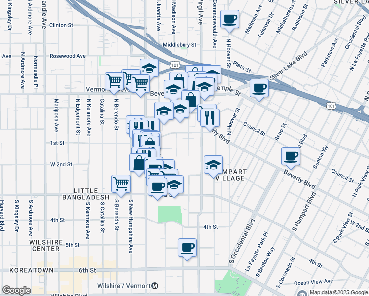 map of restaurants, bars, coffee shops, grocery stores, and more near 129 South Westmoreland Avenue in Los Angeles