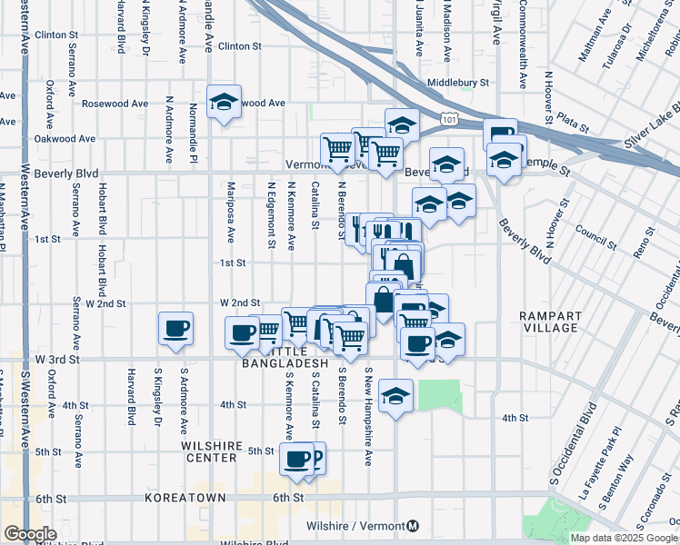 map of restaurants, bars, coffee shops, grocery stores, and more near 3736-3748 West 1st Street in Los Angeles