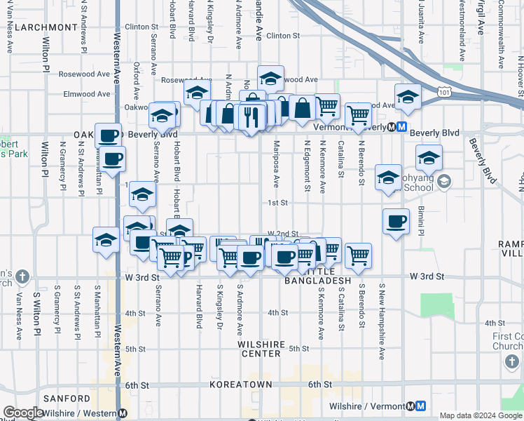 map of restaurants, bars, coffee shops, grocery stores, and more near 106 Normandie Avenue in Los Angeles