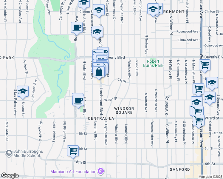 map of restaurants, bars, coffee shops, grocery stores, and more near 139 South Plymouth Boulevard in Los Angeles
