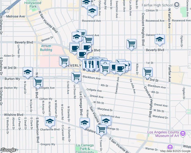 map of restaurants, bars, coffee shops, grocery stores, and more near 8423 Blackburn Avenue in Los Angeles