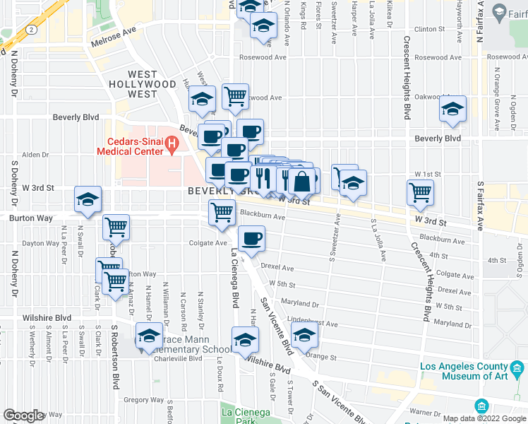 map of restaurants, bars, coffee shops, grocery stores, and more near 8423 Blackburn Avenue in Los Angeles