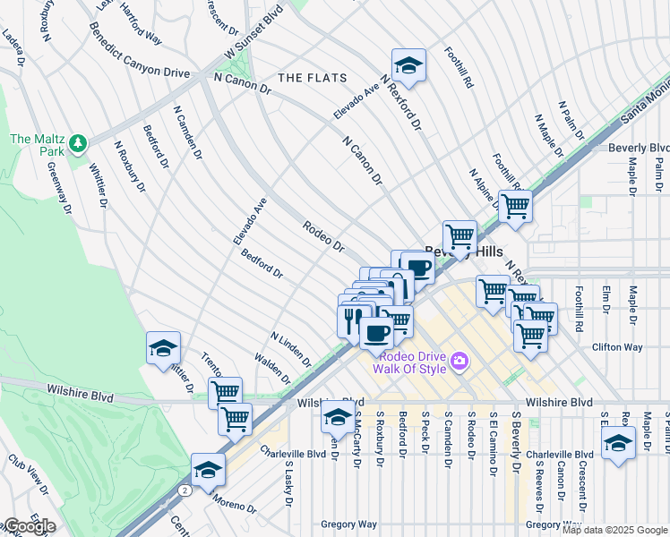 map of restaurants, bars, coffee shops, grocery stores, and more near 560 North Camden Drive in Beverly Hills