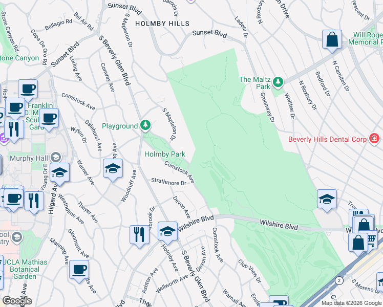 map of restaurants, bars, coffee shops, grocery stores, and more near 650 Club View Drive in Los Angeles