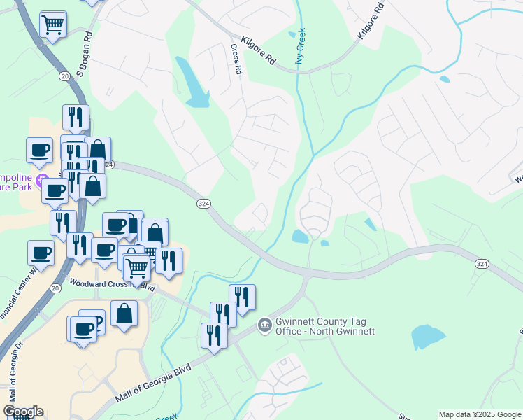 map of restaurants, bars, coffee shops, grocery stores, and more near 3194 Mill Springs Circle Northeast in Buford