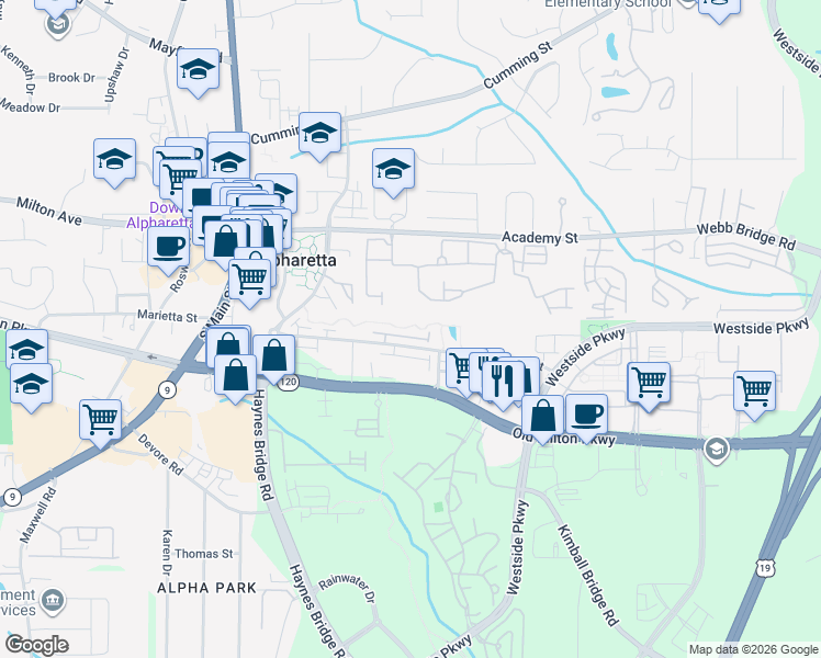 map of restaurants, bars, coffee shops, grocery stores, and more near 164 Thompson Street in Alpharetta