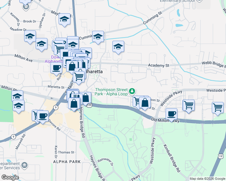 map of restaurants, bars, coffee shops, grocery stores, and more near 112 Thompson Street in Alpharetta