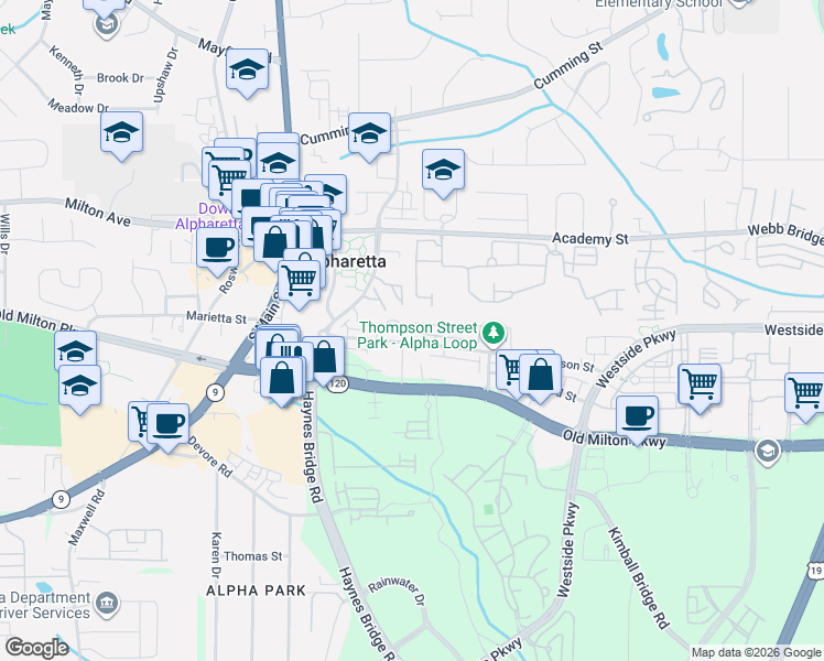 map of restaurants, bars, coffee shops, grocery stores, and more near 112 Thompson Street in Alpharetta