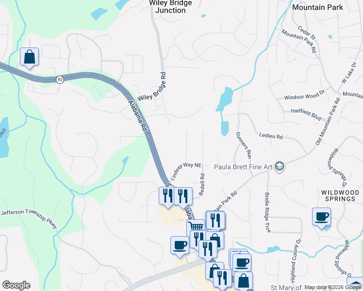 map of restaurants, bars, coffee shops, grocery stores, and more near 5055 Fitts Drive in Roswell