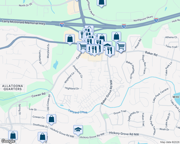 map of restaurants, bars, coffee shops, grocery stores, and more near 276 Windcroft Lane Northwest in Acworth